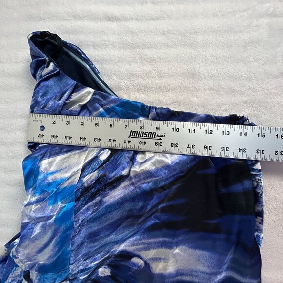 MM Couture By Miss Me Womens One Shoulder Top Blouse Medium Blue Abstract New - Picture 6 of 7